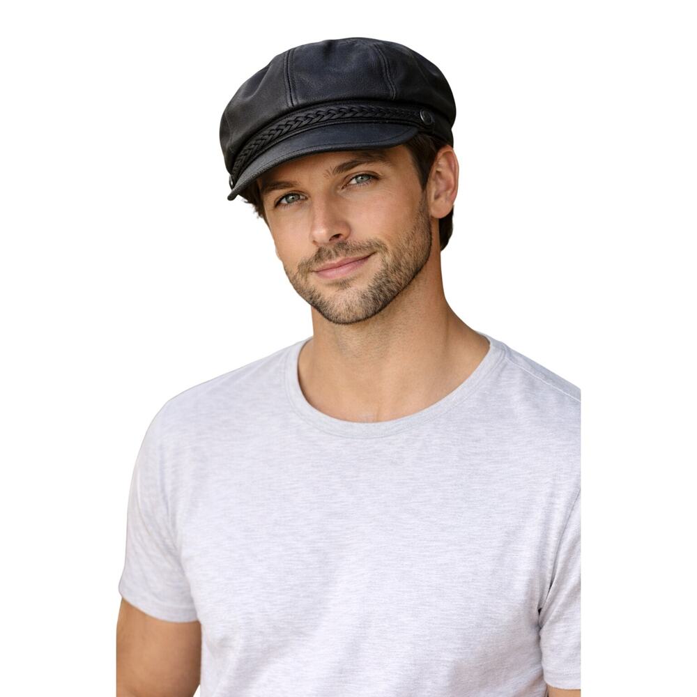 Vintage Genuine Leather Newsboy Cap Black Cabbie Hat Retro